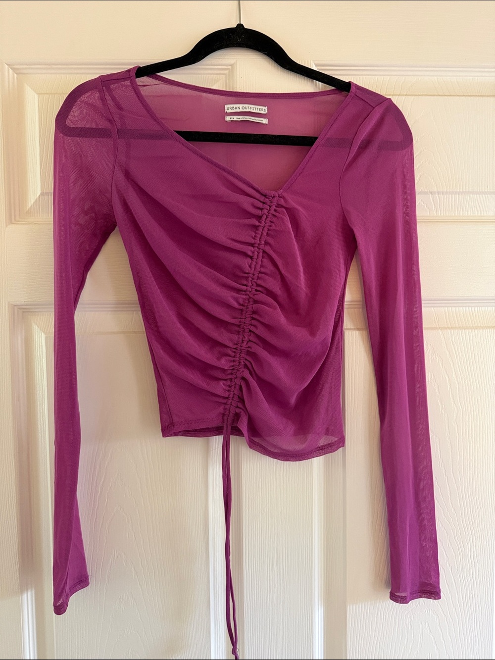 Urban Outfitters Magenta Ruched Mesh Long Sleeve Top
